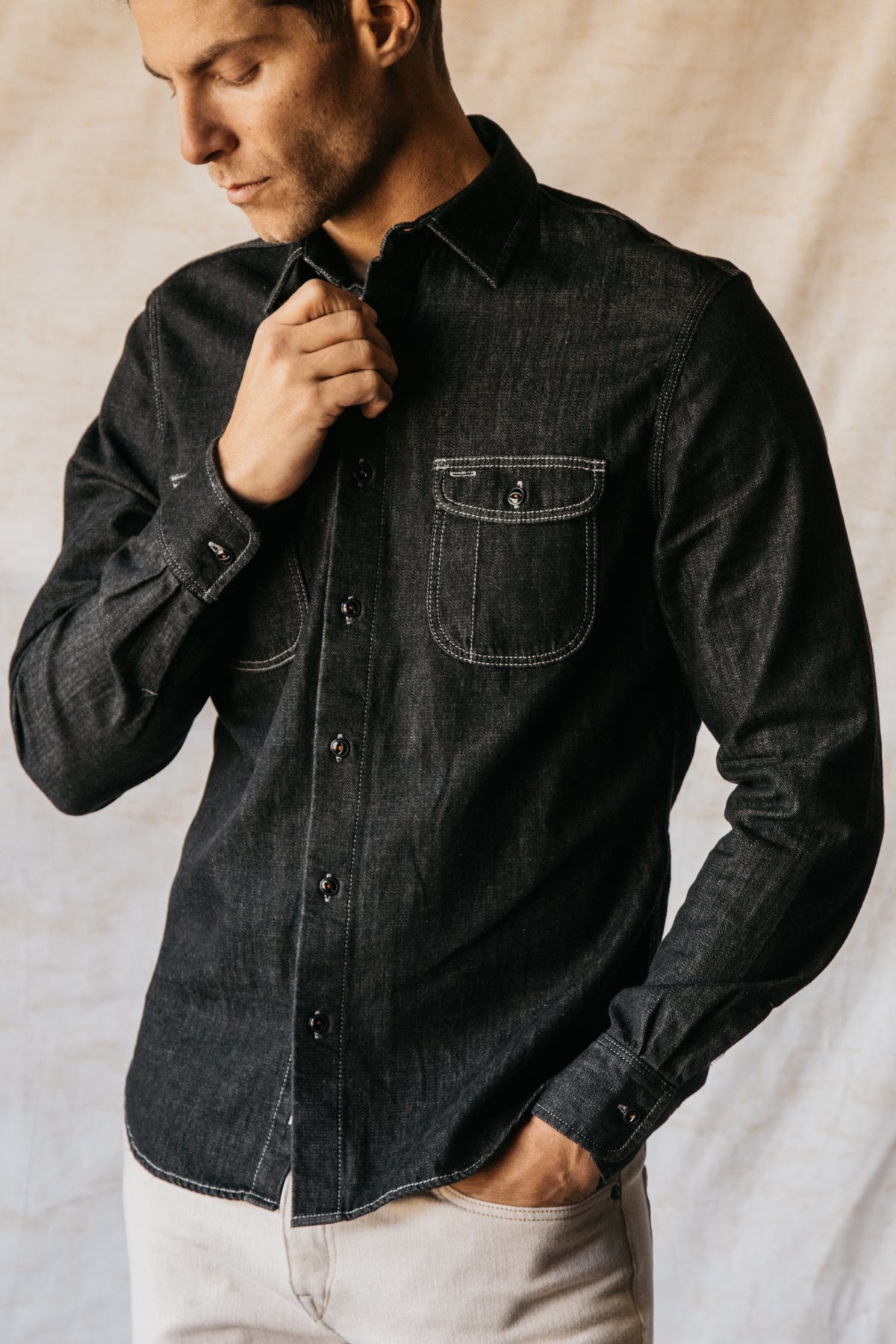 Men's Wrangler Vintage Black Denim Shirt- Western Clothes